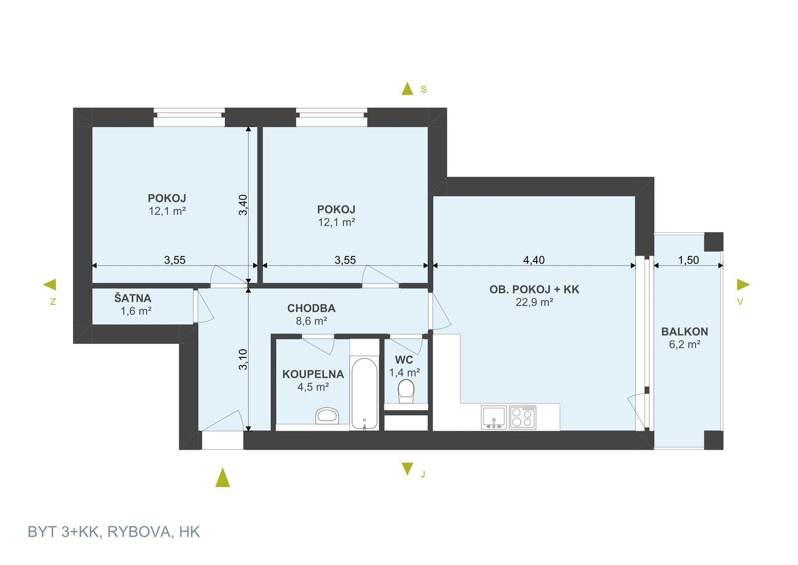 Pronájem byt 3+kk - Rybova  , Hradec Králové, 72 m²