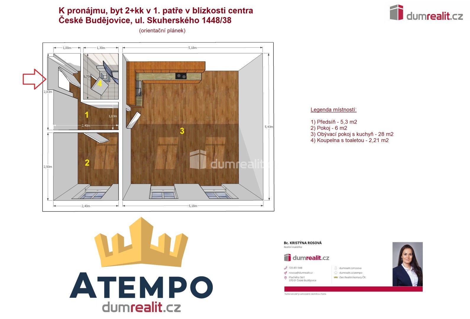 Pronájem byt 2+kk - Skuherského, České Budějovice, 42 m²