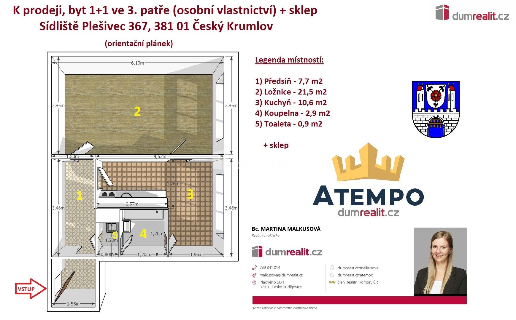 Prodej byt 1+1 - Sídliště Plešivec, Český Krumlov, 43 m²