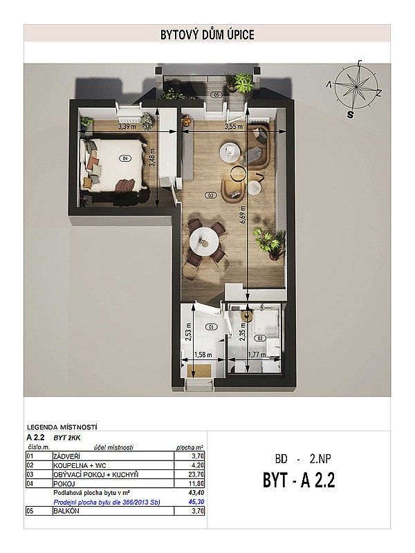 Byt 2+kk, 45 m²