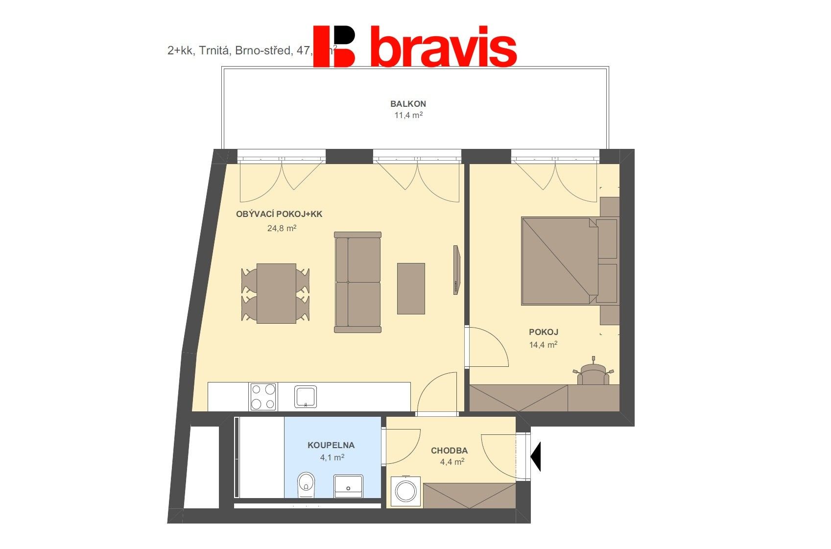 Pronájem byt 2+kk - Brno Trnitá, 47 m² - 5