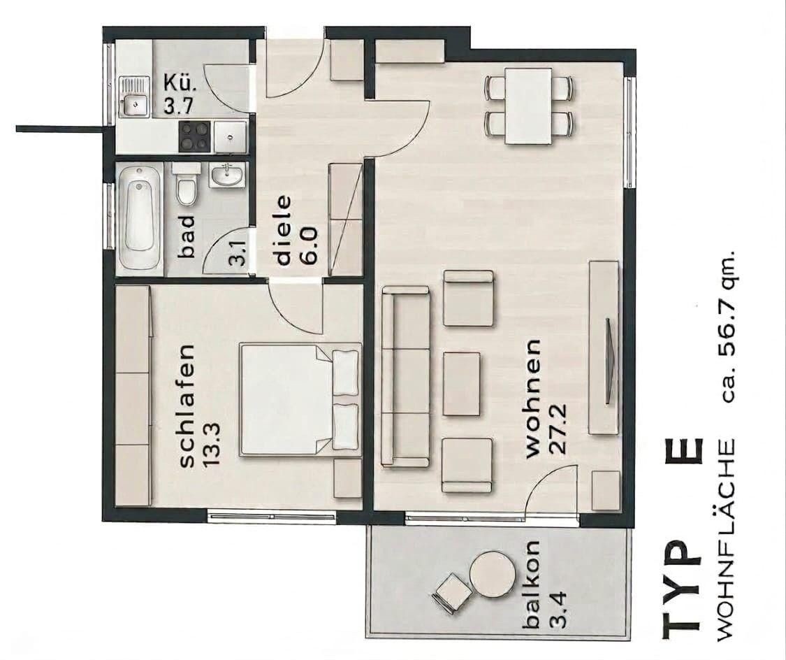2+1, Frankfurt Sachsenhausen Hessen 60598, 57 m² - 1