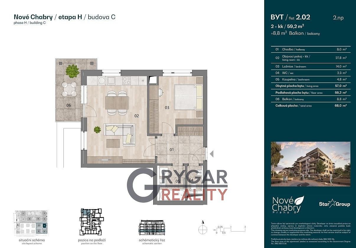 Pronájem byt 2+kk - Praha - Dolní Chabry, okres Praha 8, Hlavní město Praha, 57 m² - 2