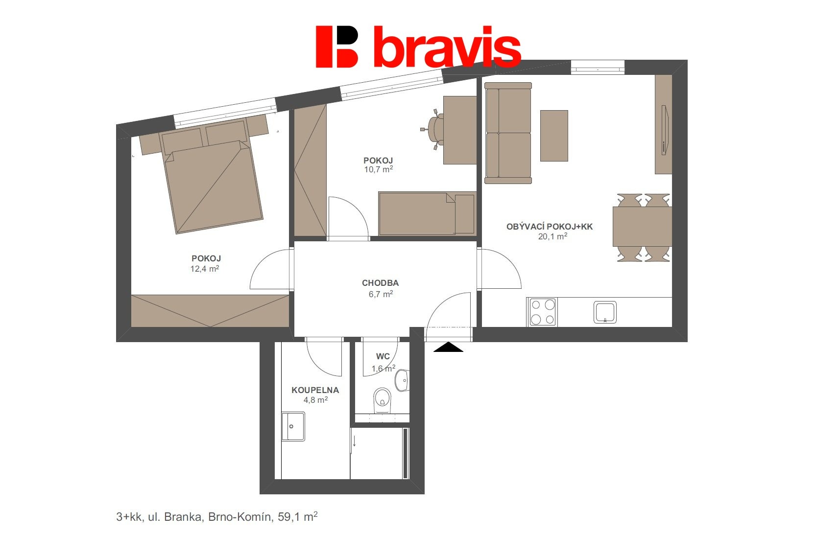 Prodej byt 3+kk - Branka 205, Brno Komín, 59 m² - 5