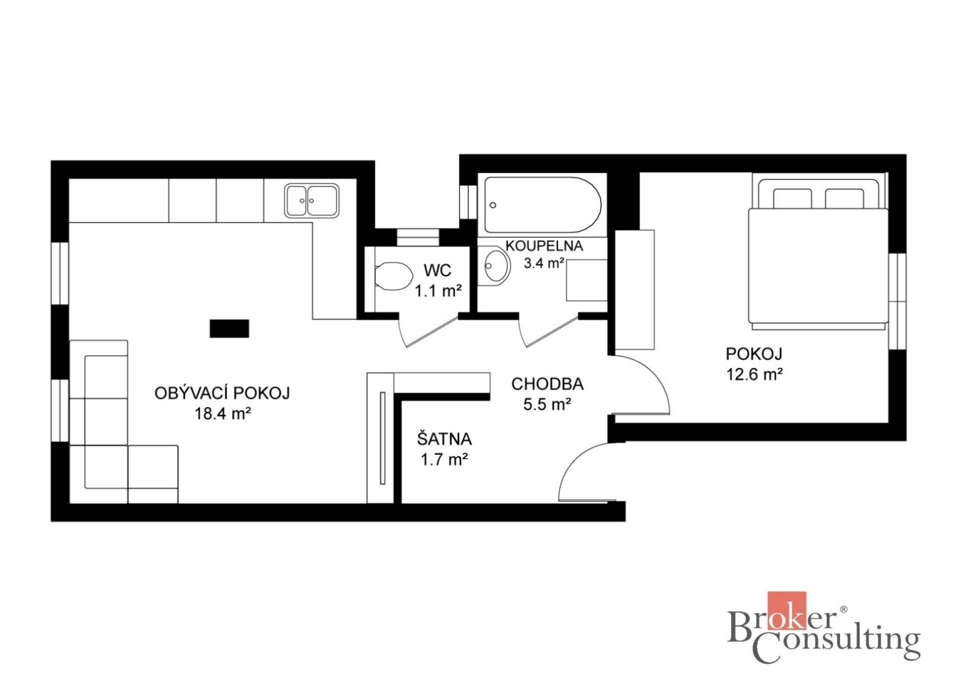 Byt 2+kk · 45 m² · Karlova, Brno - 4