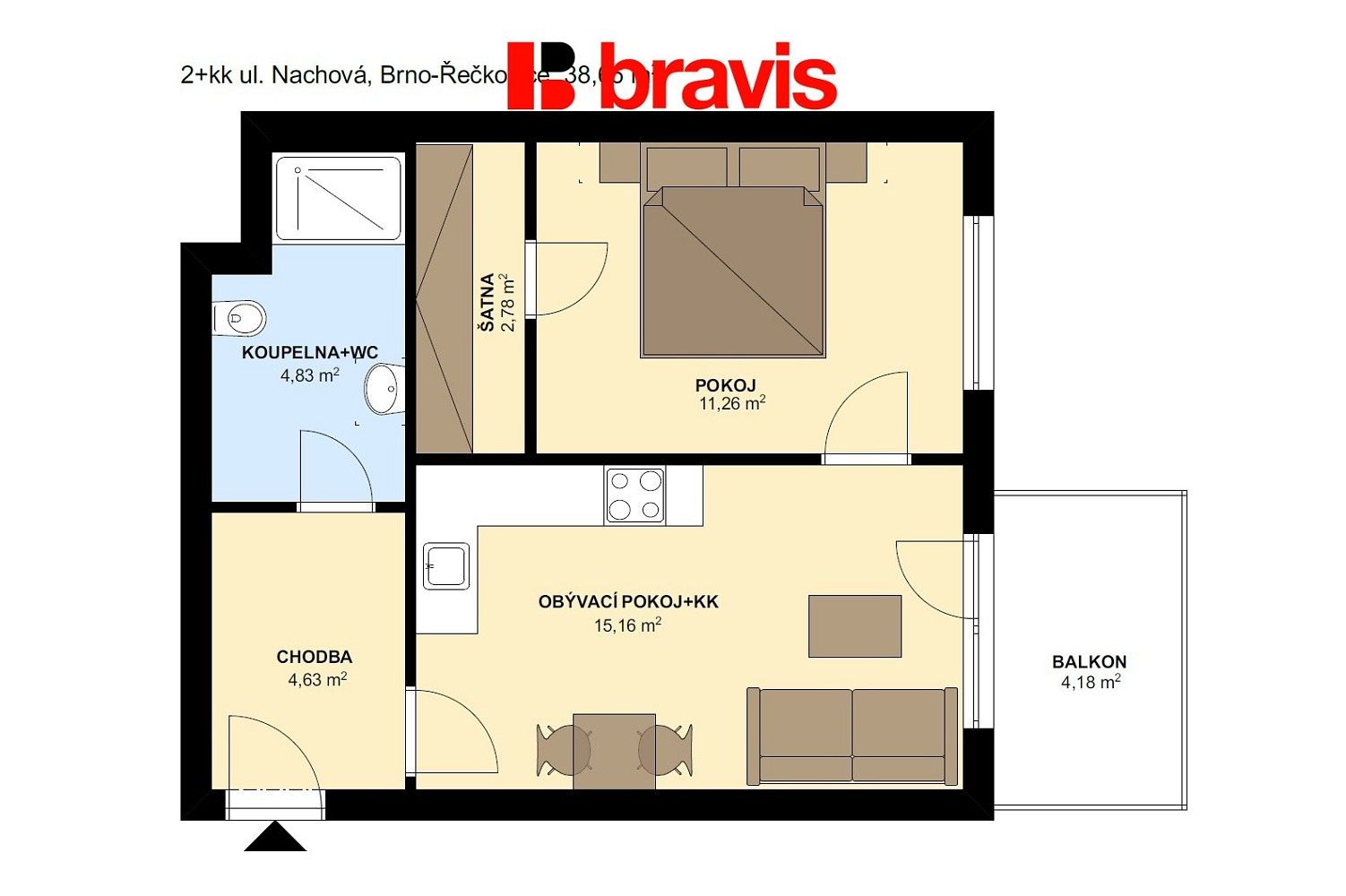 Pronájem byt 2+kk - Nachová, Brno - Řečkovice, 39 m² - 5