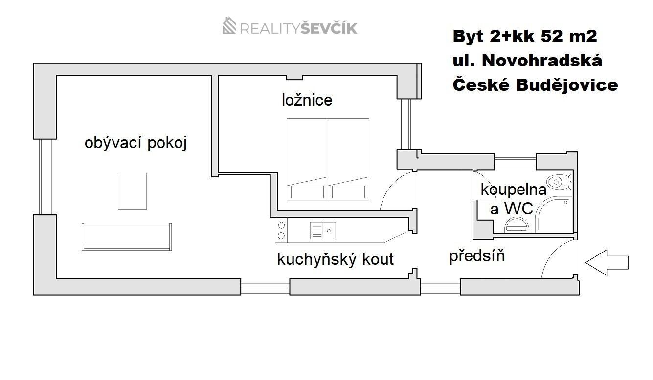 Pronájem byt 2+kk - Novohradská  , České Budějovice, 52 m²