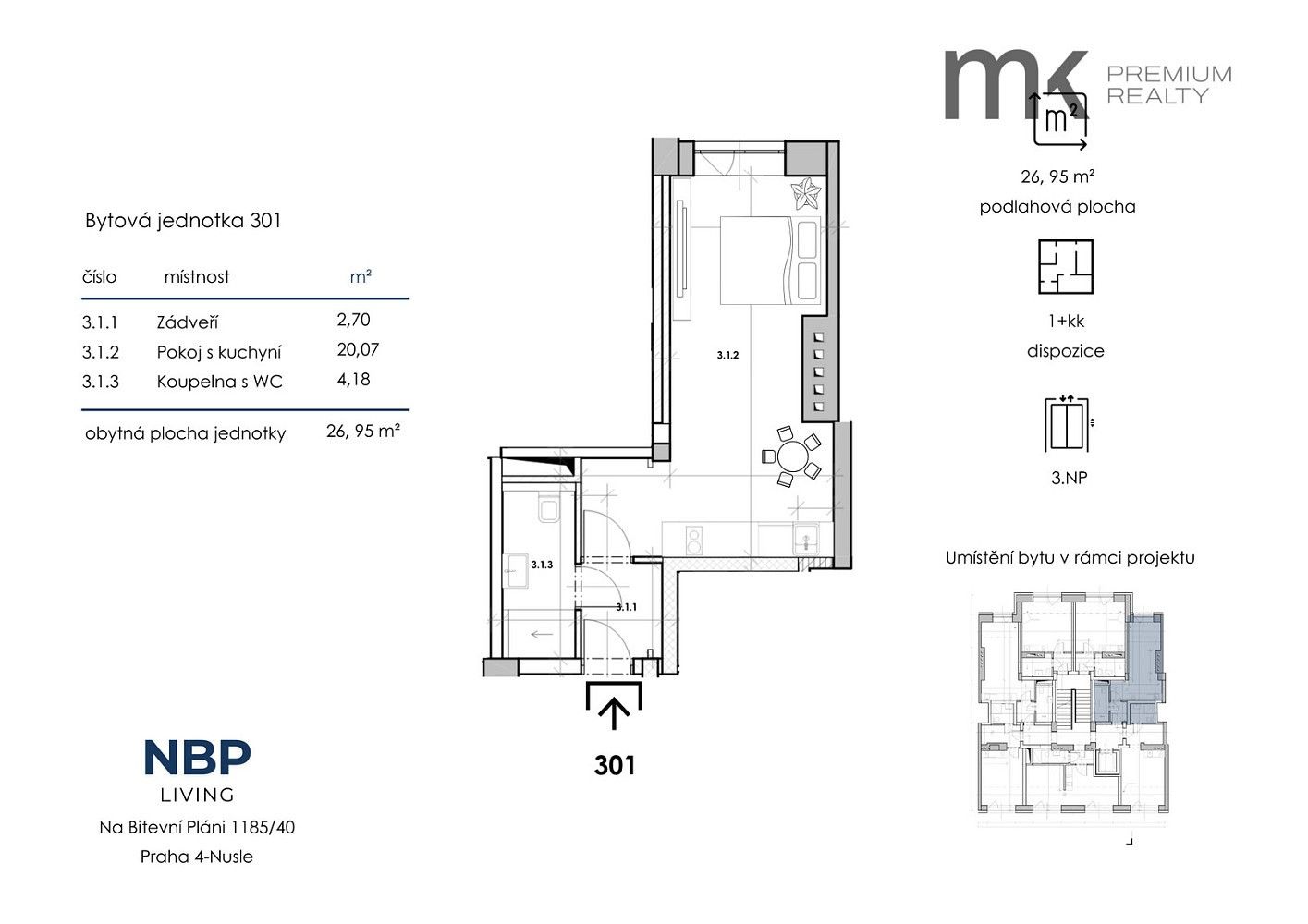 Byt 1+kk · 27 m² · Praha - Nusle, okres Praha 4, Hlavní město Praha - 4