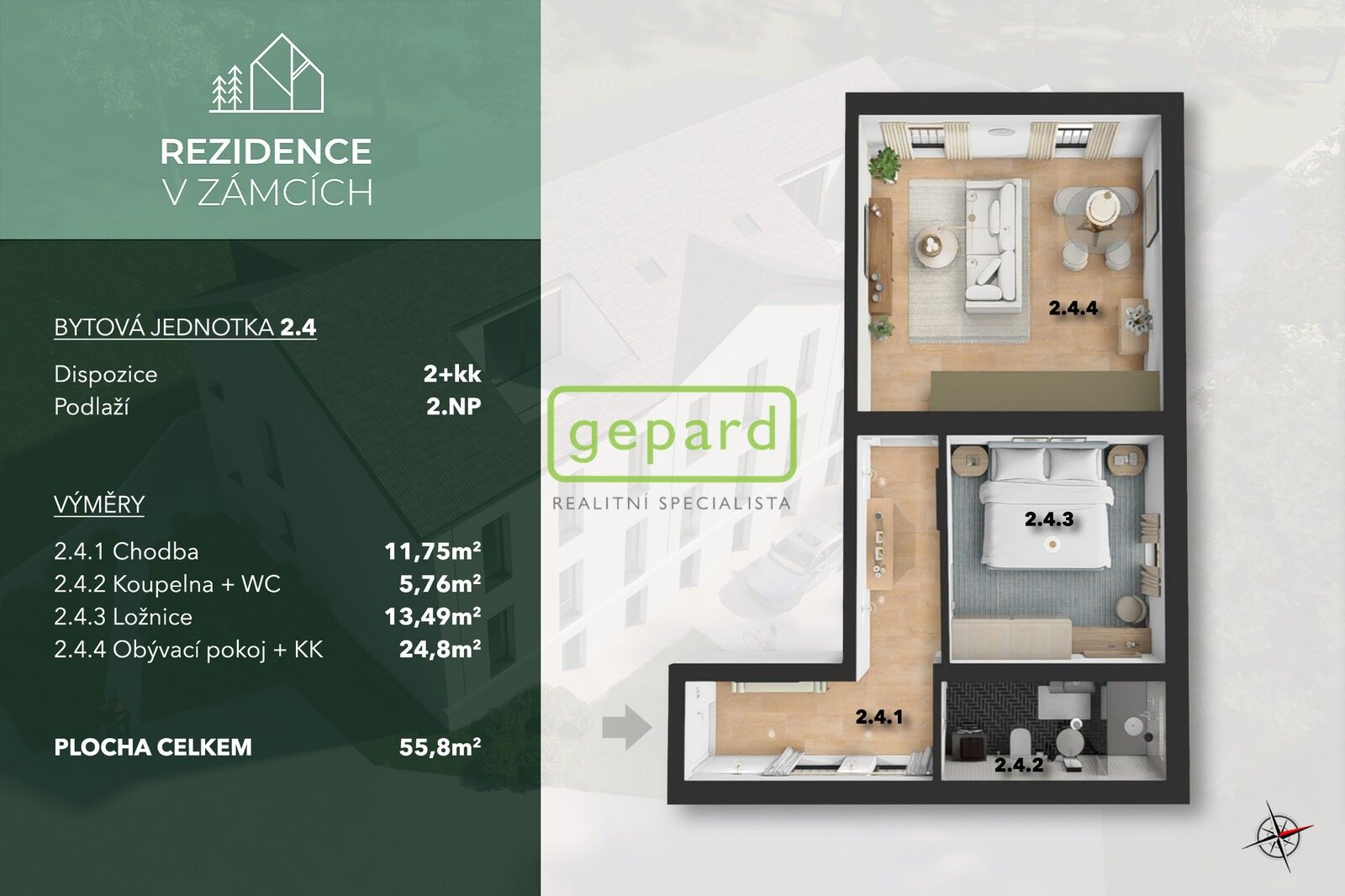 2+kk, V Zámcích, Praha, 56 m²