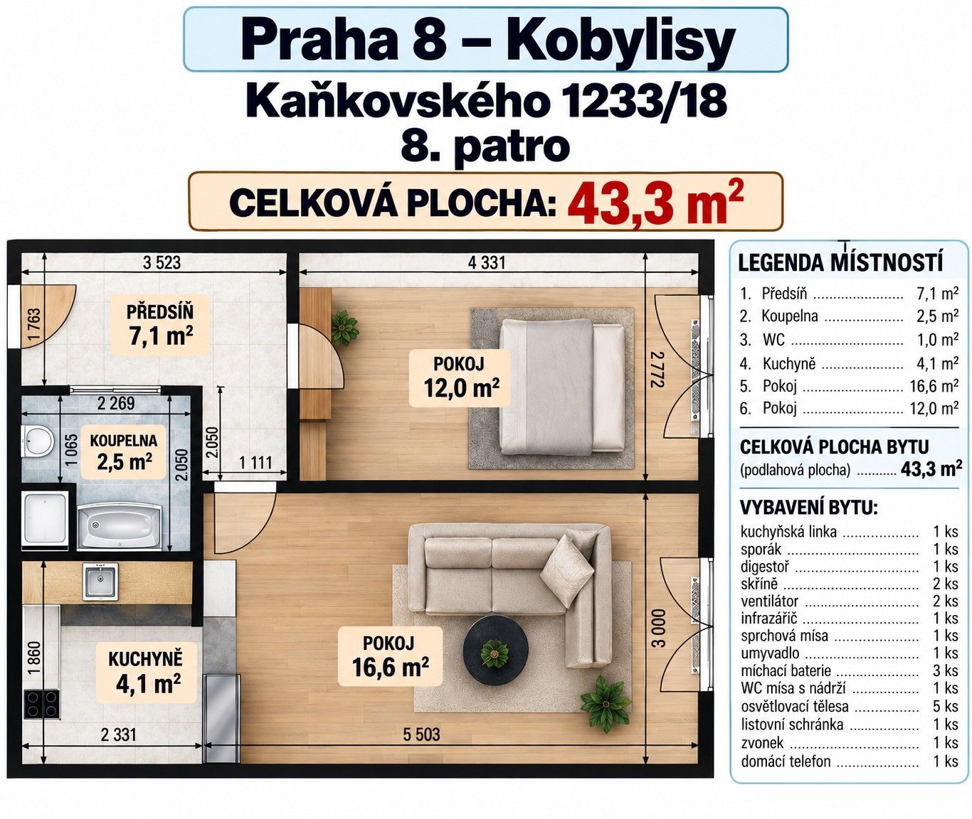 2+kk, Kaňkovského, Praha - Kobylisy, 43 m² - 1
