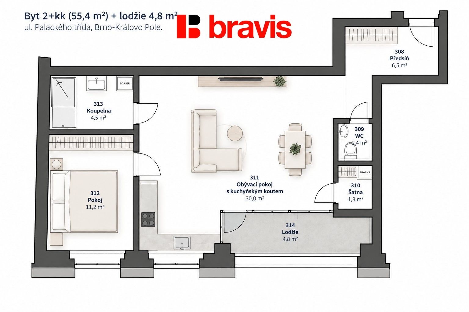 Prodej byt 2+kk - Palackého třída 178, Brno Královo Pole, 55 m² - 5