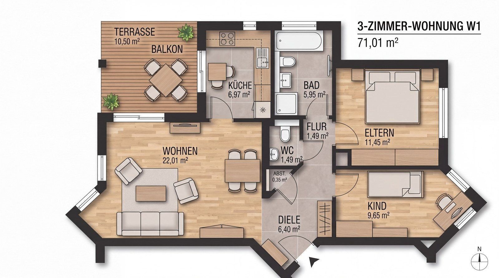 3+1, , Bádensko-Württembersko, 71 m² - 1