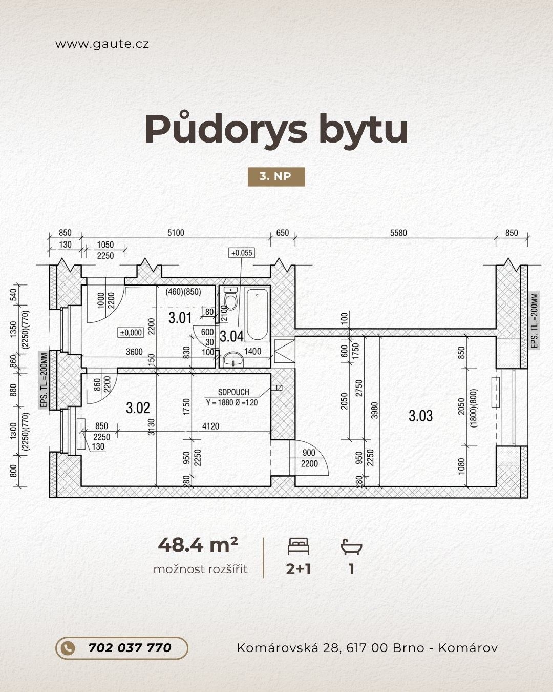 Prodej byt 2+1 - Komárovská, Brno Komárov, 48 m² - 5