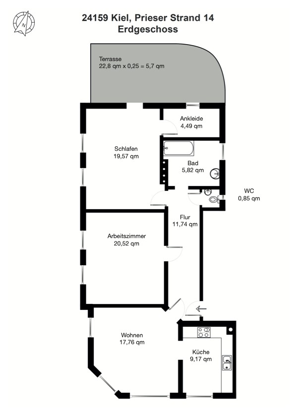 3+1, Prieser Strand 14 Kiel-Friedrichsort Friedrichsort Schleswig-Holstein 24159, 96 m² - 1