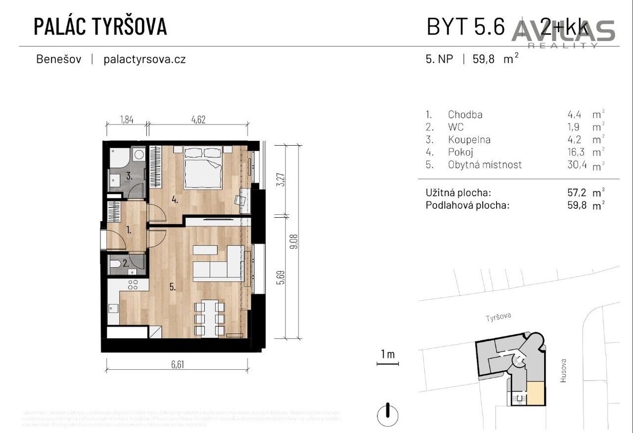 2+kk, Tyršova, Benešov, 57 m²