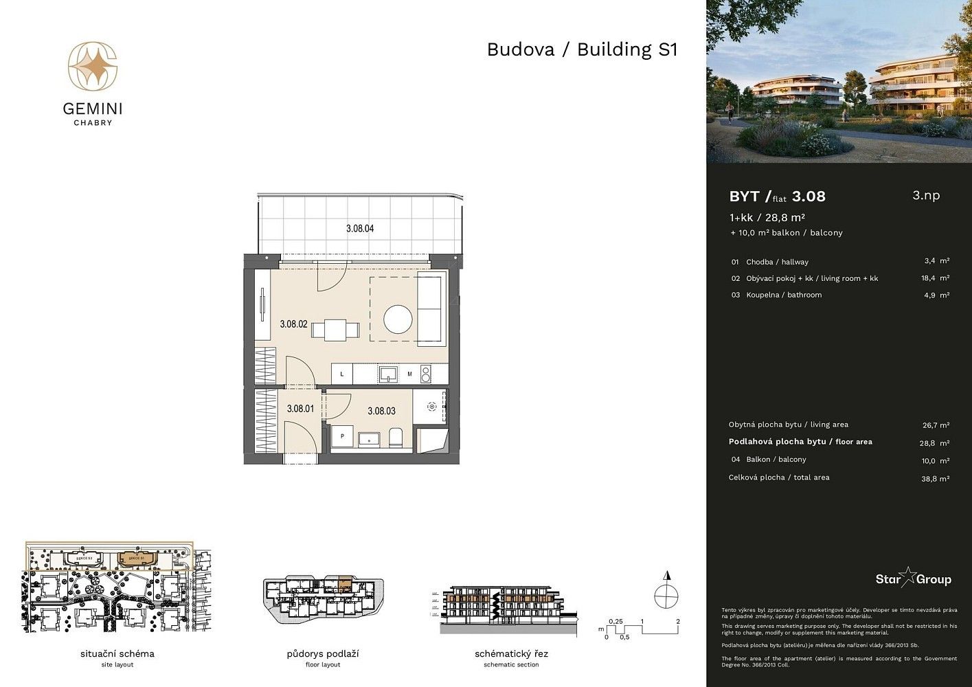 Prodej byt 1+kk - Praha - Dolní Chabry, okres Praha 8, Hlavní město Praha, 28 m² - 2