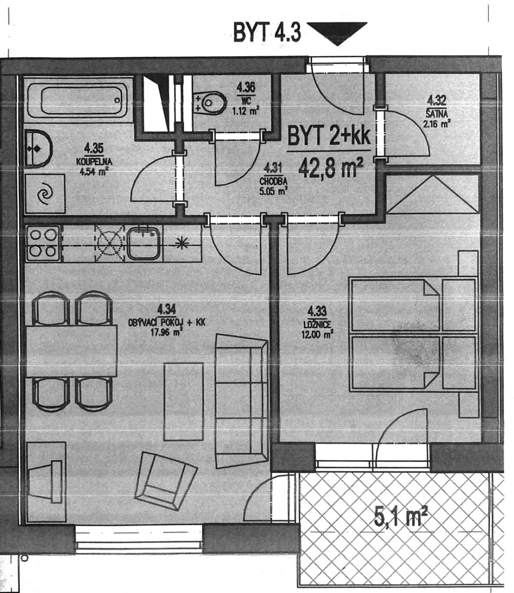 Byt 2+kk, 43 m²