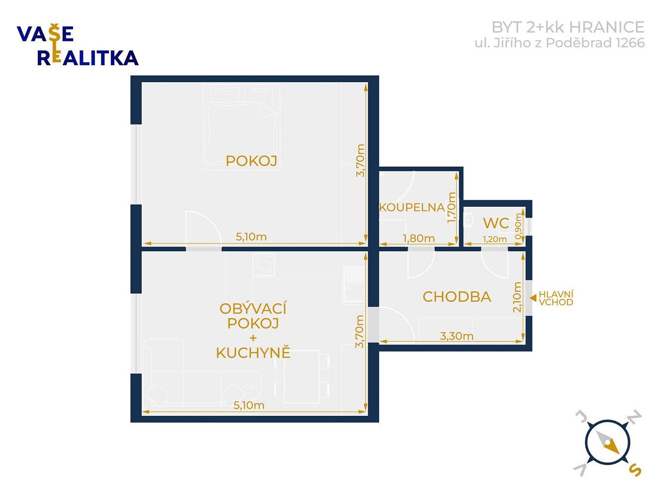 Pronájem byt 2+kk - Jiřího z Poděbrad, Hranice - Hranice I-Město, okres Přerov, 51 m² - 2