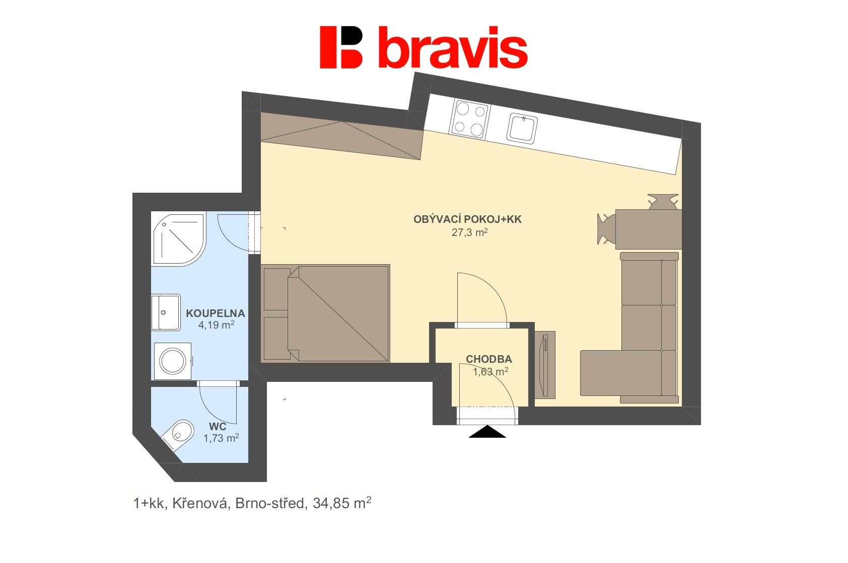 Pronájem byt 1+kk - Křenová 292, Brno Trnitá, 31 m² - 5