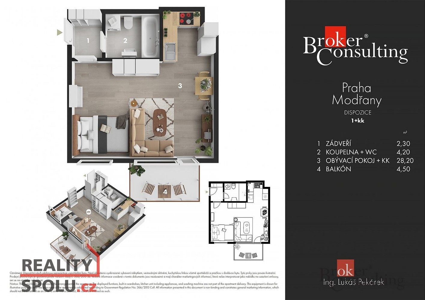 Pronájem byt 1+kk - Soukalova, Praha 4 - Modřany, 37 m² - 2