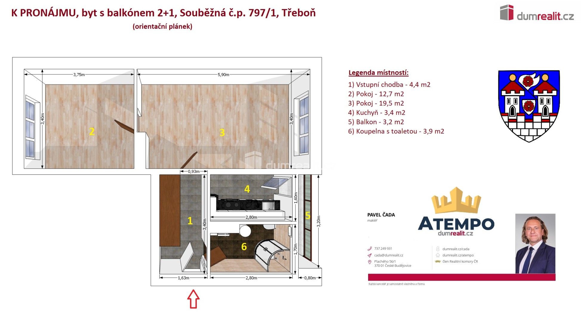 Pronájem byt 2+1 - Souběžná, Třeboň, 47 m²